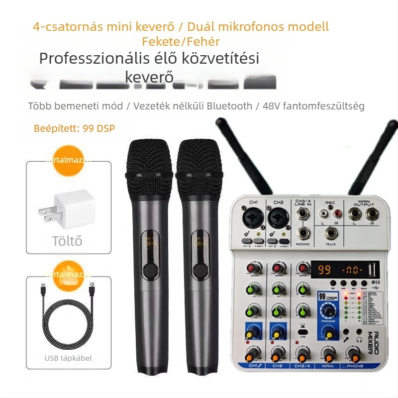 Kemas 4-csatornás keverő DSP effektekkel, reverbvel, Bluetooth-tal, 2 vezeték nélküli mikrofon felvételre