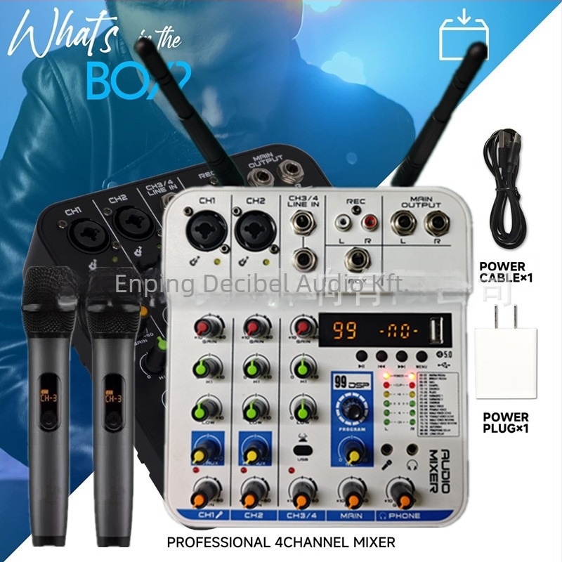 Kemas 4-csatornás keverő DSP effektekkel, reverbvel, Bluetooth-tal, 2 vezeték nélküli mikrofon felvételre