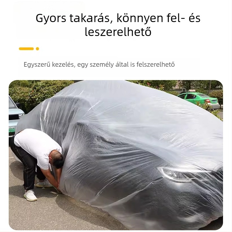 Egyszer használatos, átlátszó PE autóvédő fedél, Nap-, eső- és porvédelem, univerzális, fújással történő festéshez.