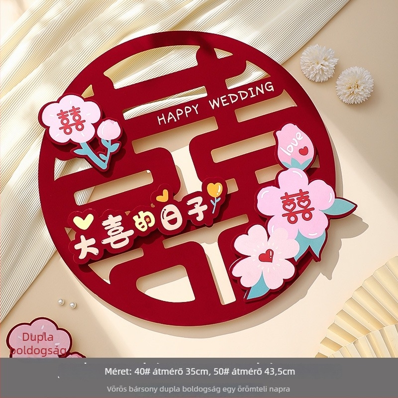 Esküvői ajtó- és ablakmatrica – Dupla Boldogság motívum, menyasszony hálószobai dekoráció, flocking anyag, Feixunfei márka