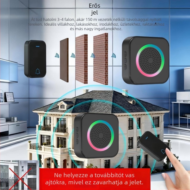 Távirányítós vezetékes ajtócsengő, hálózati ellátás 110-250V, csengőhang 63, energiafogyasztás 0.2W, alkalmas otthon, iroda, idősotthon, szálloda