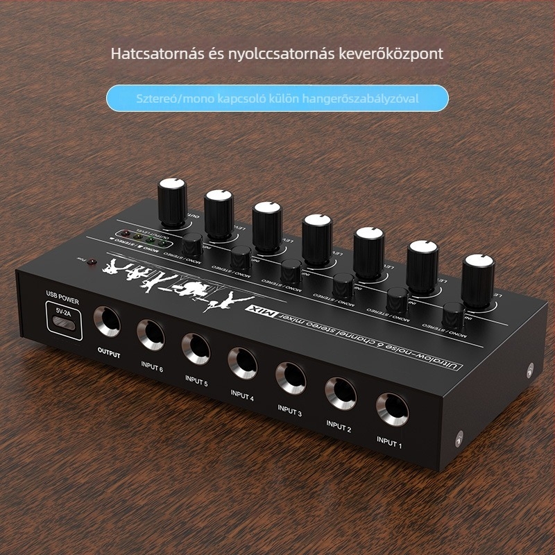 6-csatornás/8-csatornás audió-mixer, kompakt mini mixer hangszereszközökhöz, tokozás alumíniumötvözet és ABS anyagból