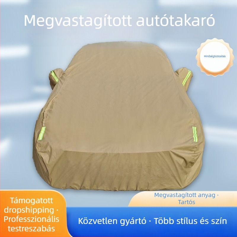 Khaki színű vastagított autófedél, hó- és eső- és napsütés elleni védelem, hőszigetelő, logónyomtatással