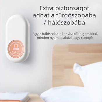 Újratölthető vezeték nélküli csengő idős gondozáshoz — ágy melletti hívás, távirányító, egygombos vészjelzés, 5V 1A, polifonikus csengő (38 dallam), otthoni ápoláshoz.