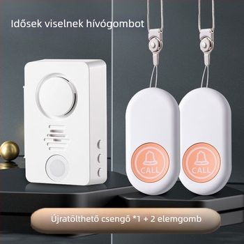 Újratölthető vezeték nélküli csengő idős gondozáshoz — ágy melletti hívás, távirányító, egygombos vészjelzés, 5V 1A, polifonikus csengő (38 dallam), otthoni ápoláshoz.