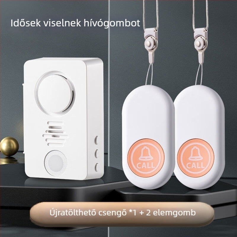 Újratölthető vezeték nélküli csengő idős gondozáshoz — ágy melletti hívás, távirányító, egygombos vészjelzés, 5V 1A, polifonikus csengő (38 dallam), otthoni ápoláshoz.