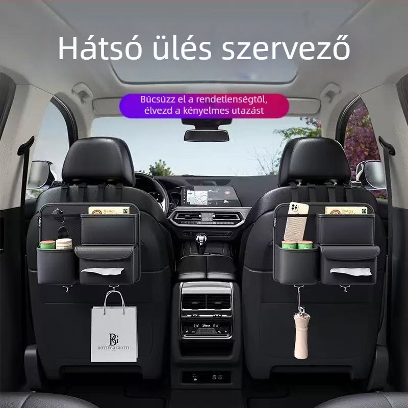 Bőrből készült autóhátsó ülés szervező, zsepi tartóval, hajtogatható, több rekesz, univerzális illeszkedés
