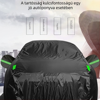 Teljesen fekete autóponyva poliészterből, ezüst bevonattal és reflexsávokkal, eső- és napfény elleni védelem.