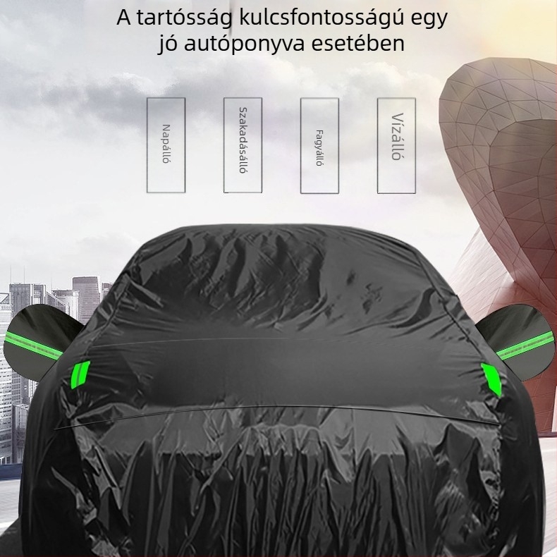 Teljesen fekete autóponyva poliészterből, ezüst bevonattal és reflexsávokkal, eső- és napfény elleni védelem.