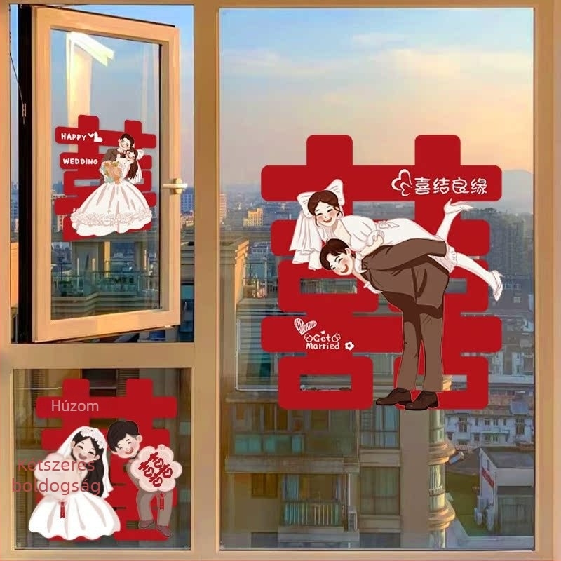 Statikus tapadó matricák a Kétszeres Boldogság szimbólumával esküvői ablakdíszítéshez és üvegajtókhoz (PVC; Márka: Más; Importált: Nem; Kategória: Boldogság)