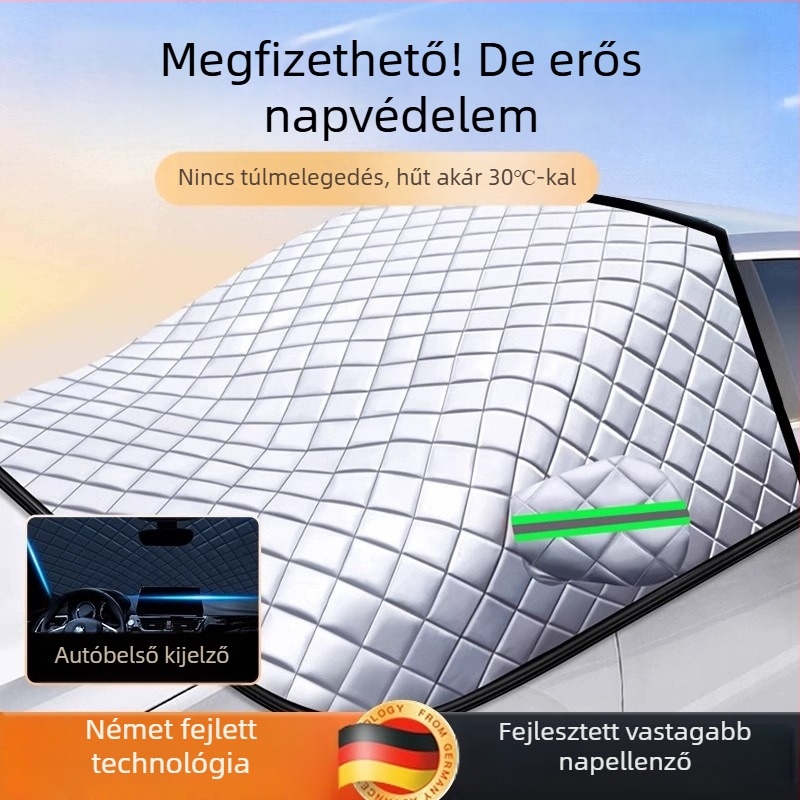 Autó első szélvédőjét védő árnyékoló, kétszintes alumíniumfólia, snap-in rögzítés, kockás mintázat, univerzális illeszkedés