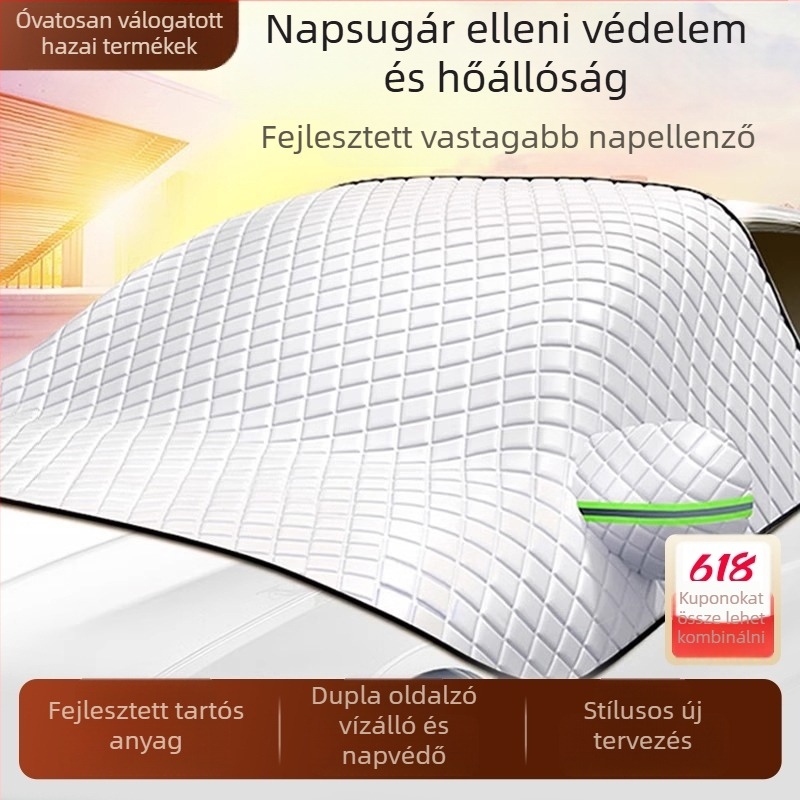Autó első szélvédőjét védő árnyékoló, kétszintes alumíniumfólia, snap-in rögzítés, kockás mintázat, univerzális illeszkedés