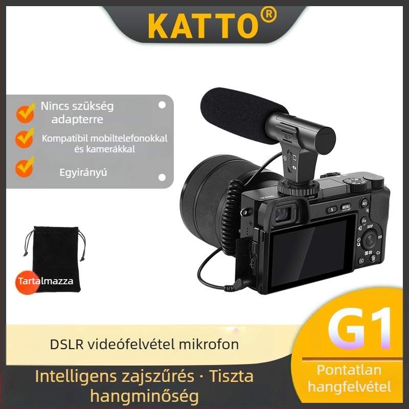 Shotgun mikrofon kamerákhoz, KATTO-G1 modell; műanyag ház; alkalmas kamerákhoz, vlogokhoz és interjúkhoz; teherbírás 2 kg alatt; 2021-ben piacra dobva
