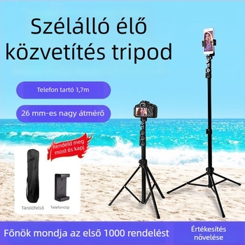 Teleszkópos selfie bot tripod mobiltelefonhoz és élő közvetítéshez; anyaga: alumíniumötvözet, ABS; 5 szakasz; teherbírás: 3 kg; csőátmérők: 25-22-19-16-13 mm