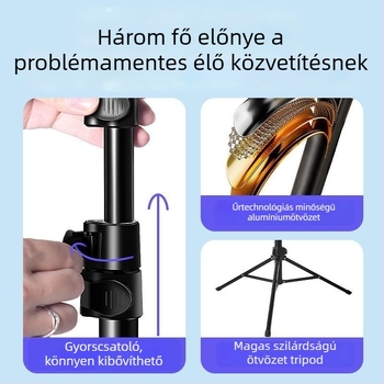 Teleszkópos selfie bot tripod mobiltelefonhoz és élő közvetítéshez; anyaga: alumíniumötvözet, ABS; 5 szakasz; teherbírás: 3 kg; csőátmérők: 25-22-19-16-13 mm