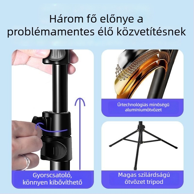 Teleszkópos selfie bot tripod mobiltelefonhoz és élő közvetítéshez; anyaga: alumíniumötvözet, ABS; 5 szakasz; teherbírás: 3 kg; csőátmérők: 25-22-19-16-13 mm
