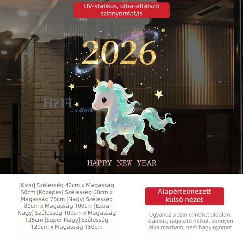 2026 Ló éve — Színes, Álomszerű Újévi Ablakdekoráció Üvegre Tapadó Statikus Matrica
