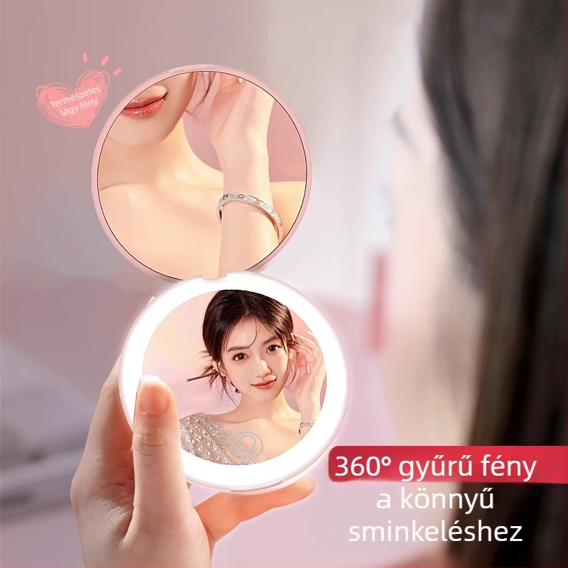 Toktik LED sminktükör fénnyel, hordozható, összecsukható – ABS keret, ezüst tükröző felület, nyomtatott logó, testreszabás elérhető