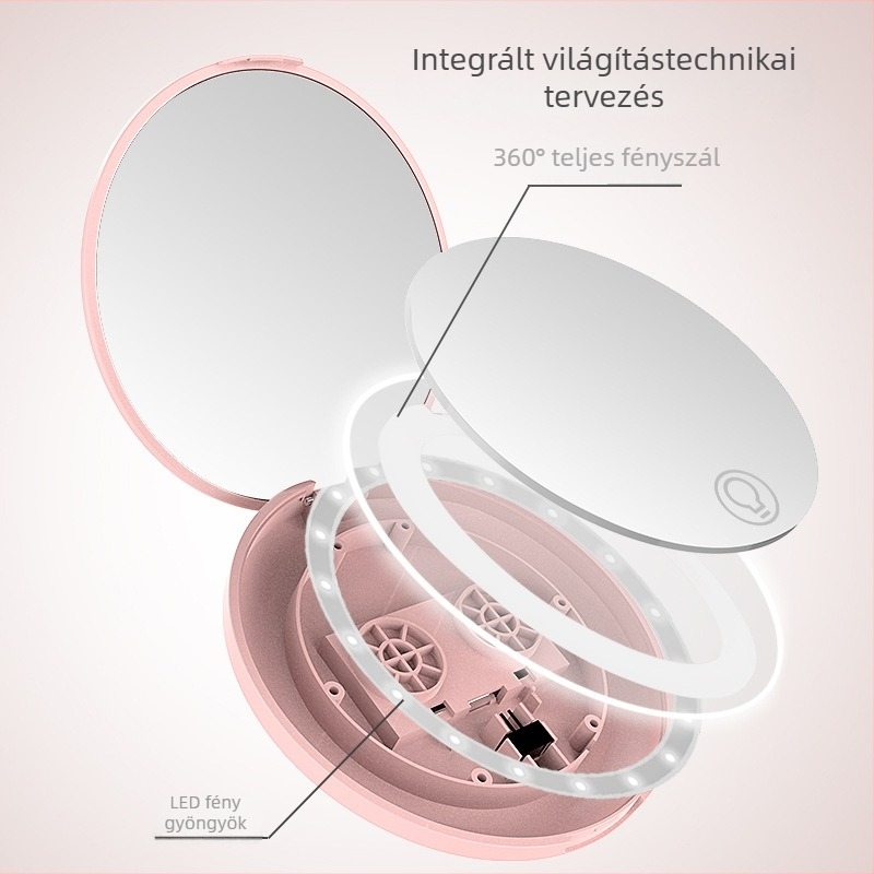 Toktik LED sminktükör fénnyel, hordozható, összecsukható – ABS keret, ezüst tükröző felület, nyomtatott logó, testreszabás elérhető