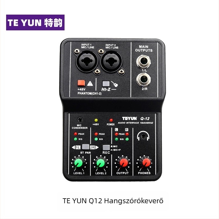 USB mini 2-csatornás audio-mixer felvételhez és élő közvetítéshez