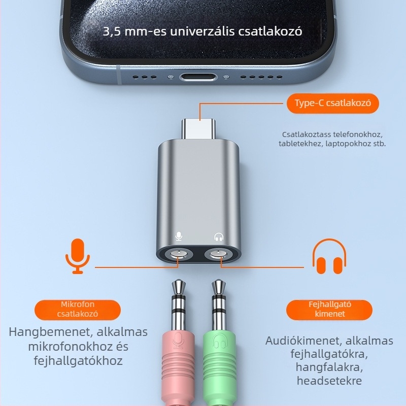 Type-C külső hangkártya, dupla 3,5 mm-es kimenet – tabletához, telefonhoz, PC-hez és notebookhoz, audio interfész fejhallgató- és mikrofon-támogatással karaoke