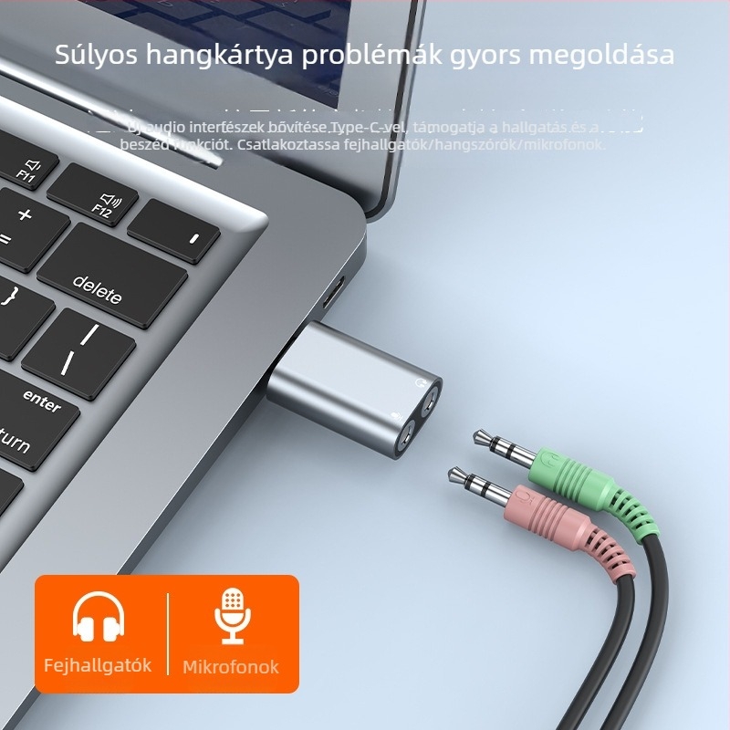 Type-C külső hangkártya, dupla 3,5 mm-es kimenet – tabletához, telefonhoz, PC-hez és notebookhoz, audio interfész fejhallgató- és mikrofon-támogatással karaoke