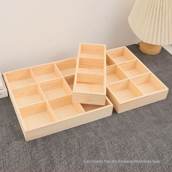 Fából készült asztali tároló doboz kilenc rekesszel, ékszerek és irodai kellékek számára, bemutató tálcával