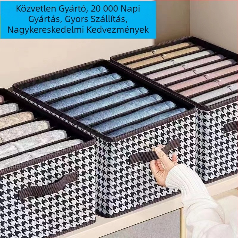 Ruhák és nadrágok tároló doboz, összecsukható, fedél nélküli, nem szőtt textilből, kockás minta, 22 L kapacitás