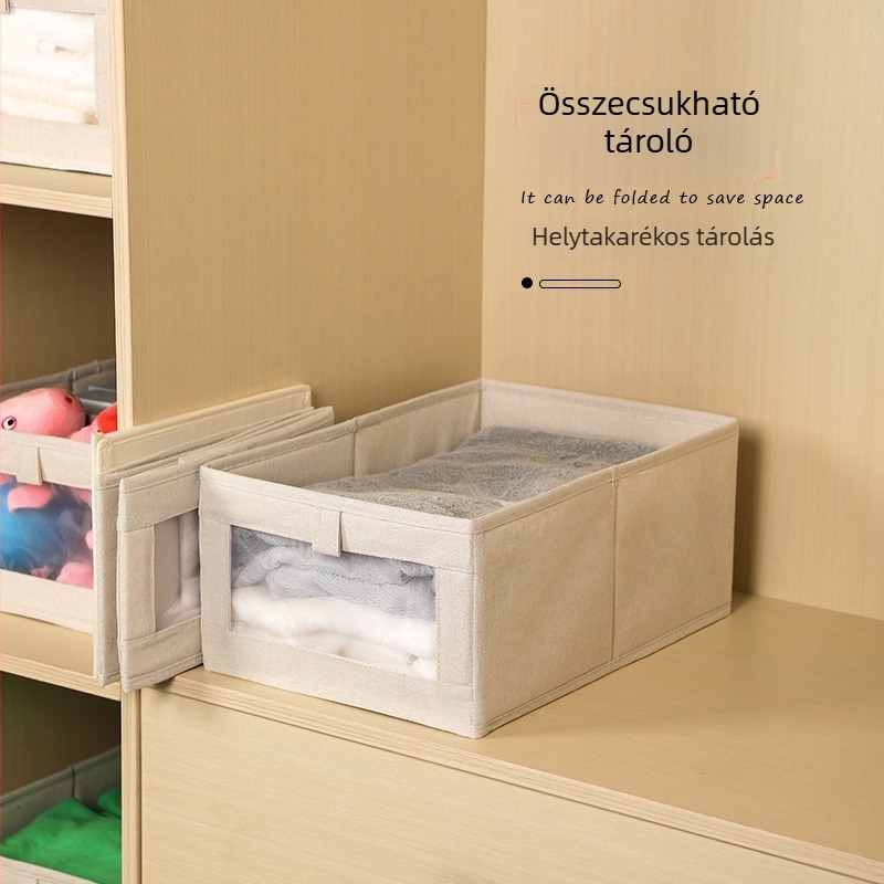 Japán stílusú összecsukható ruhatároló doboz gardrobához pamut és len anyagból, elülső ablakkal