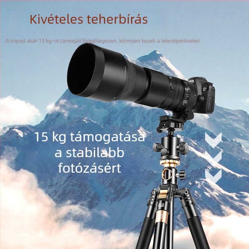 Q999HE/Q999HR állvány középső tengellyel és vízszintes kialakítással mobiltelefonokhoz és DSLR-hez, 4 szakasz, alumíniumötvözet, gömbfej, gyorsoldó lemez, teherbírás 6–10 kg