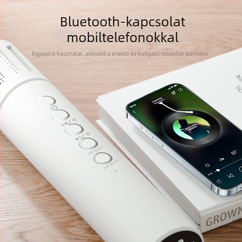 Beépített hangszóróval rendelkező vezeték nélküli karaoke mikrofon, Bluetooth 5.0, 6W, 1200–2000 mAh, 100 Hz–20 kHz