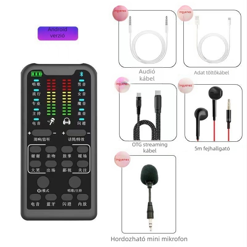 S16 Élő adás hangkártya dedikált mikrofonnal (Bluetooth 5.0; 60 Hz–15 kHz frekvenciatartomány; SNR ≥75 dB; Beépített akkumulátor)