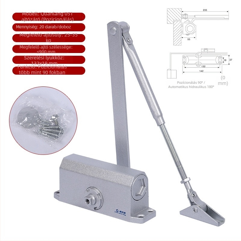 Alumínium ötvözetű ajtózáró, automatikus hidraulikus működés, hangtalan lengéscsillapítóval, tűzvédelmi ajtókhoz, modern egyszerű stílus