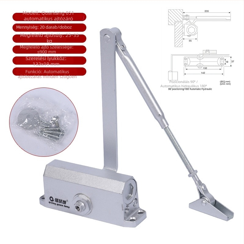 Alumínium ötvözetű ajtózáró, automatikus hidraulikus működés, hangtalan lengéscsillapítóval, tűzvédelmi ajtókhoz, modern egyszerű stílus