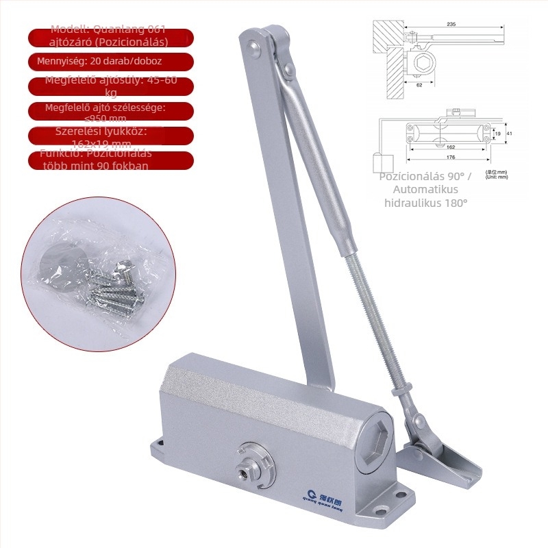 Alumínium ötvözetű ajtózáró, automatikus hidraulikus működés, hangtalan lengéscsillapítóval, tűzvédelmi ajtókhoz, modern egyszerű stílus