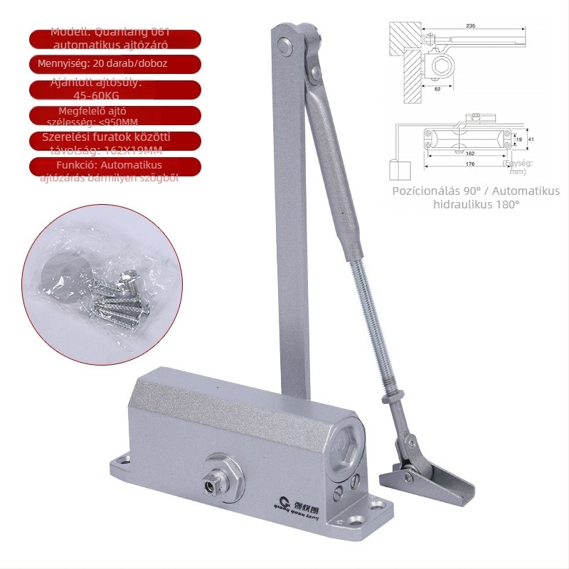 Alumínium ötvözetű ajtózáró, automatikus hidraulikus működés, hangtalan lengéscsillapítóval, tűzvédelmi ajtókhoz, modern egyszerű stílus
