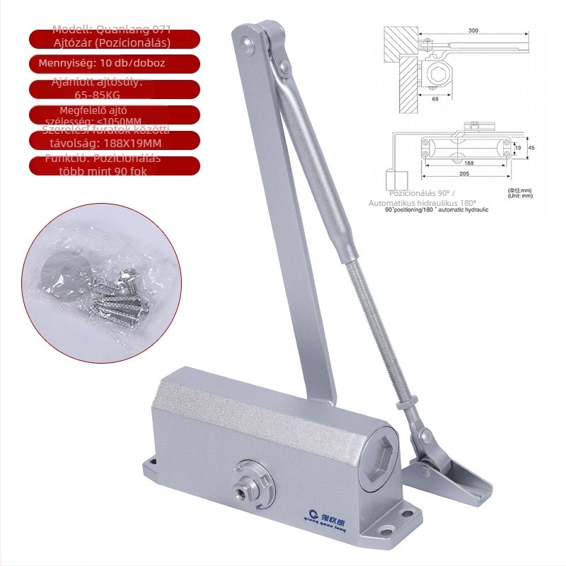 Alumínium ötvözetű ajtózáró, automatikus hidraulikus működés, hangtalan lengéscsillapítóval, tűzvédelmi ajtókhoz, modern egyszerű stílus