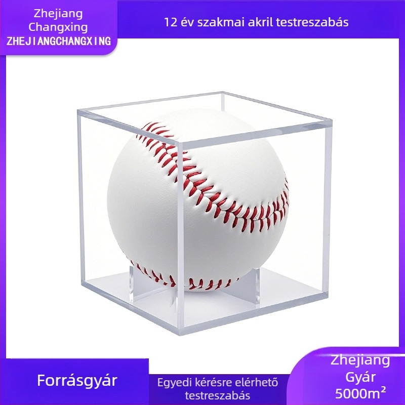 Akril baseball alakú figuratároló, porvédett, halmozható bemutató doboz, 160 ml kapacitás, logónyomás elérhető