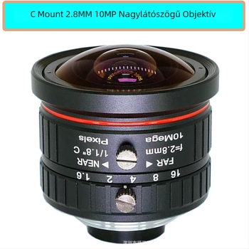 C-mount 2.8 mm széles látószögű objektív, kb. 170° lefedettséggel, kézi fókusz, 10 MP