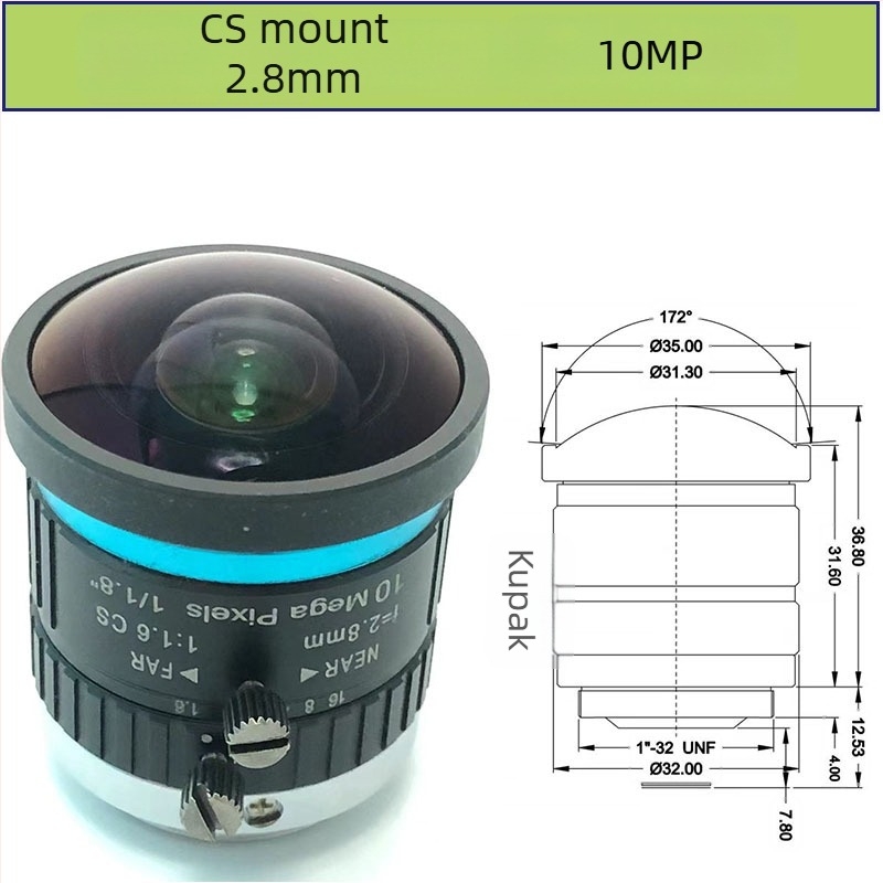 C-mount 2.8 mm széles látószögű objektív, kb. 170° lefedettséggel, kézi fókusz, 10 MP