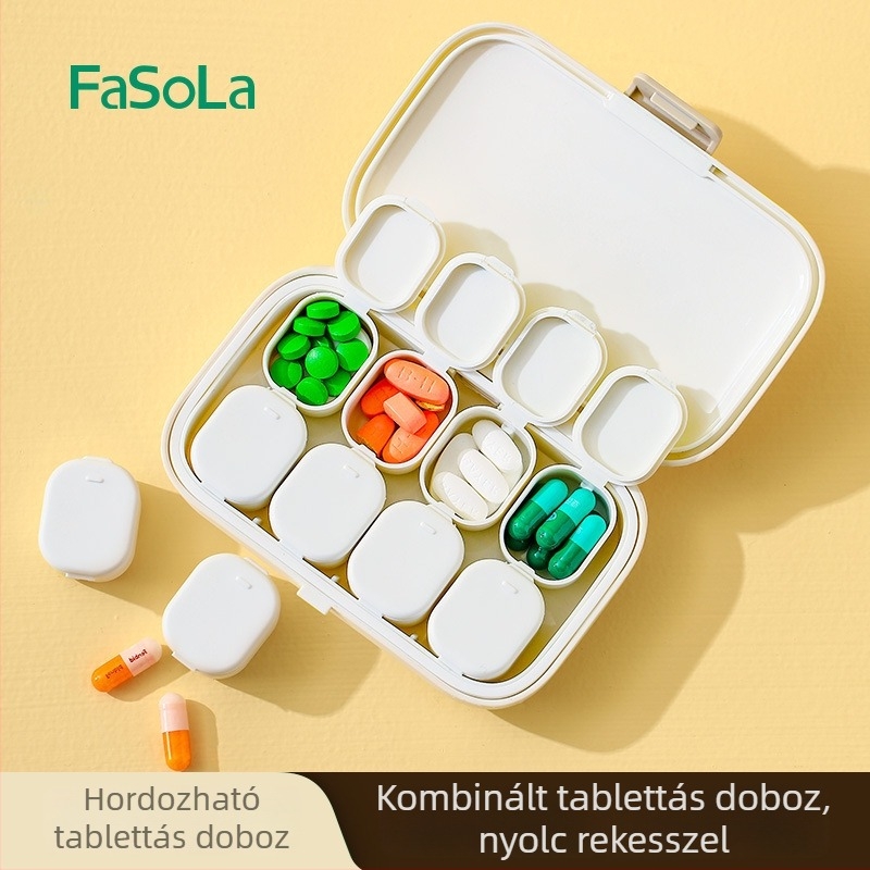 Gyógyszeres doboz, PP műanyagból, fedéllel és rekeszekkel, 100 ml kapacitás, porálló, 7 napos elrendezés reggel, délelőtt és este