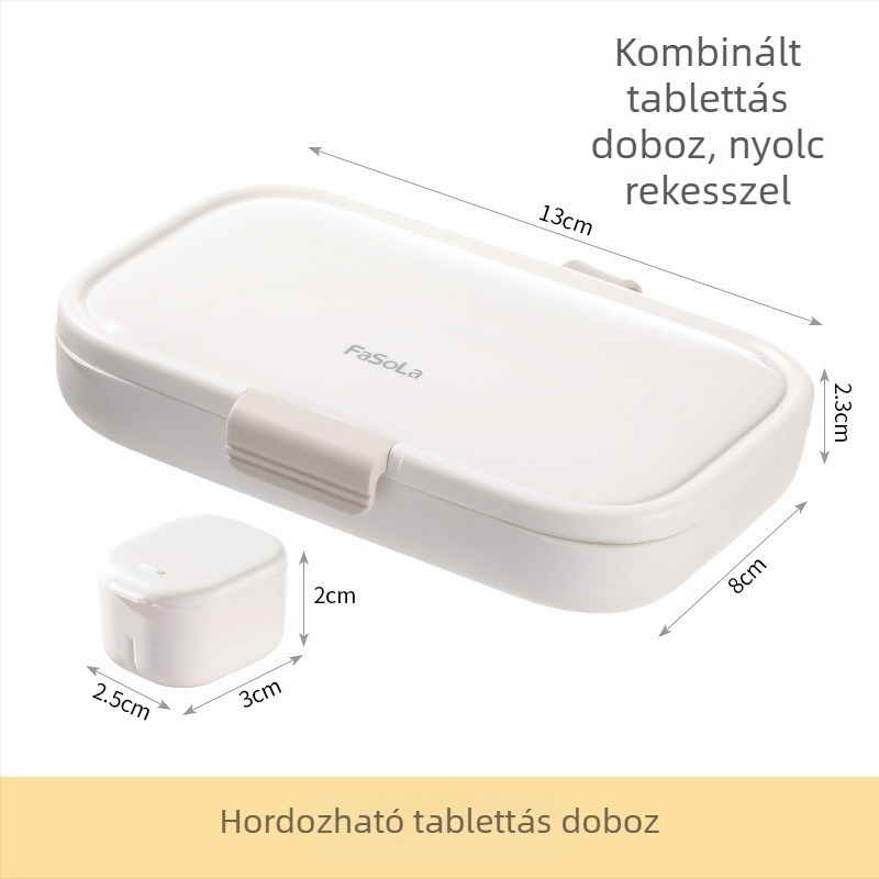 Gyógyszeres doboz, PP műanyagból, fedéllel és rekeszekkel, 100 ml kapacitás, porálló, 7 napos elrendezés reggel, délelőtt és este