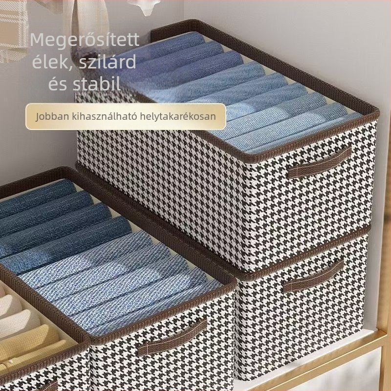 Houndstooth mintás textil ruhatároló doboz, fiókos stílus, fedéllel, 25 L, összehajtható és halmozható