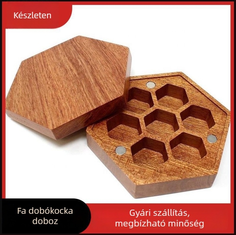 Mágneses fa dobókockatartó doboz fedéllel és rekeszekkel – modern minimalista stílus