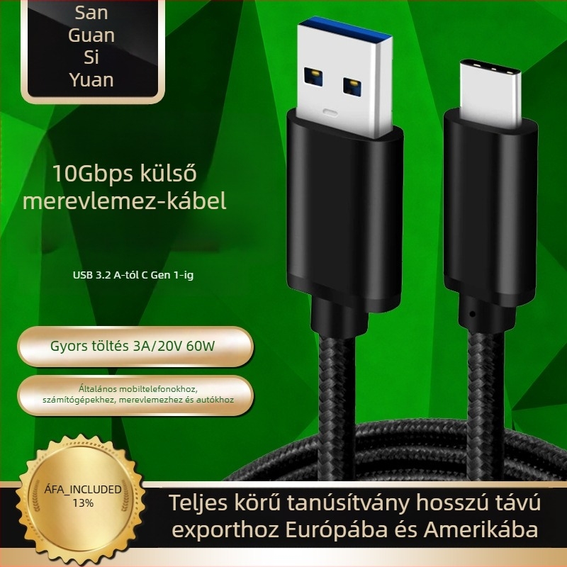 USB 3.2-től Type-C-ig adatkábel autóhoz és eszközökhöz, 60W gyorstöltés, 10 Gbps adatátvitel, alumínium ötvözet csatlakozó, nylon hálós kábel, 0,5–2 m hosszúságban, kompatibilis Type-C eszközökkel