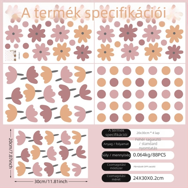 Gyerek szobai falikellék – PVC, 4 darab, Tuya, növény- és virágminta, dekoratív falikellék