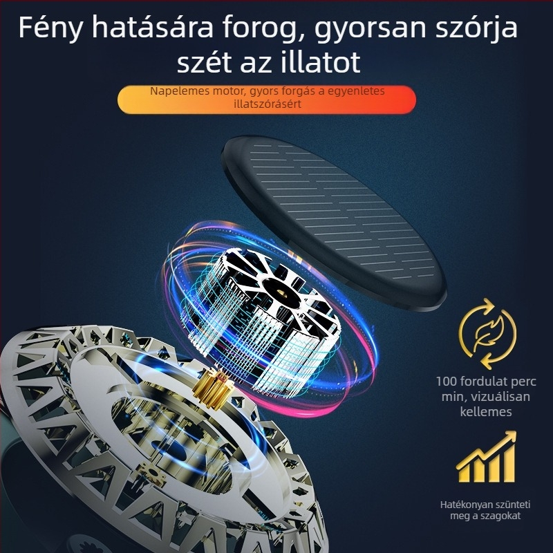 Autó belső tér aromaterápiás dísze – Napelemes forogó fény; fa tónusú illat (Gulong); 106 g; illat 1–15 napig