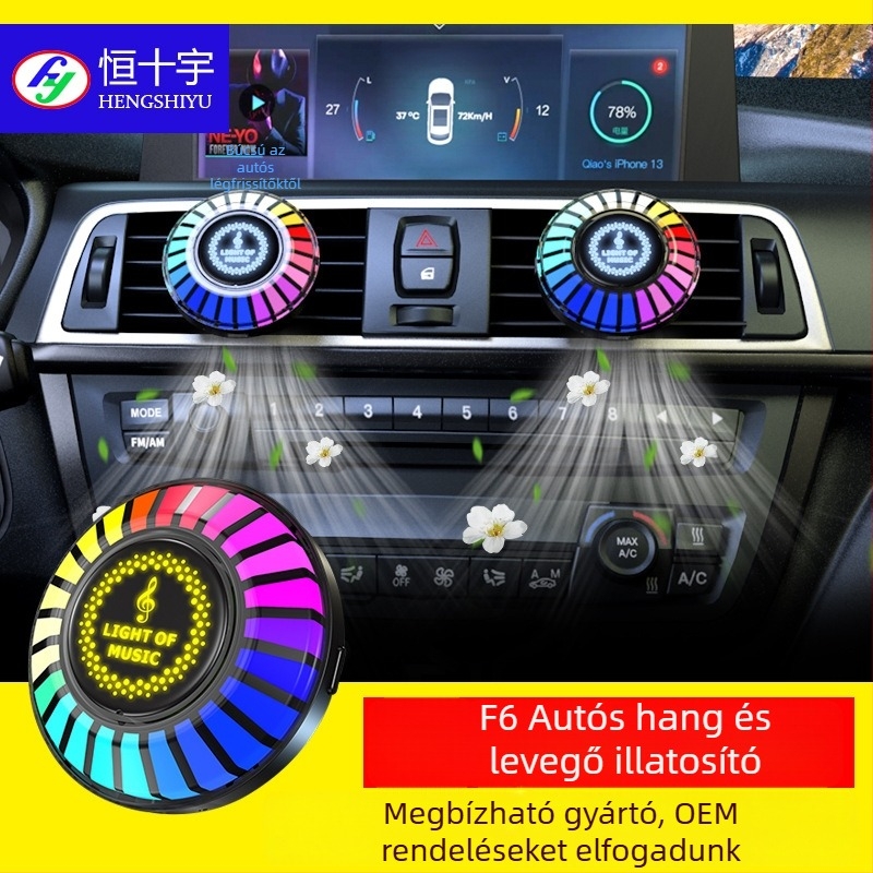 Autó aromaterápiás diffúzor RGB környezeti világítással, hangvezérléses ritmussal, légkimeneti klipsz, Óceán illat