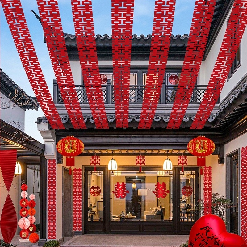 Esküvői helyszín dekoráció – hosszú szalag nem szőtt anyagból, felirattal 'Double Happiness', Gong Huang