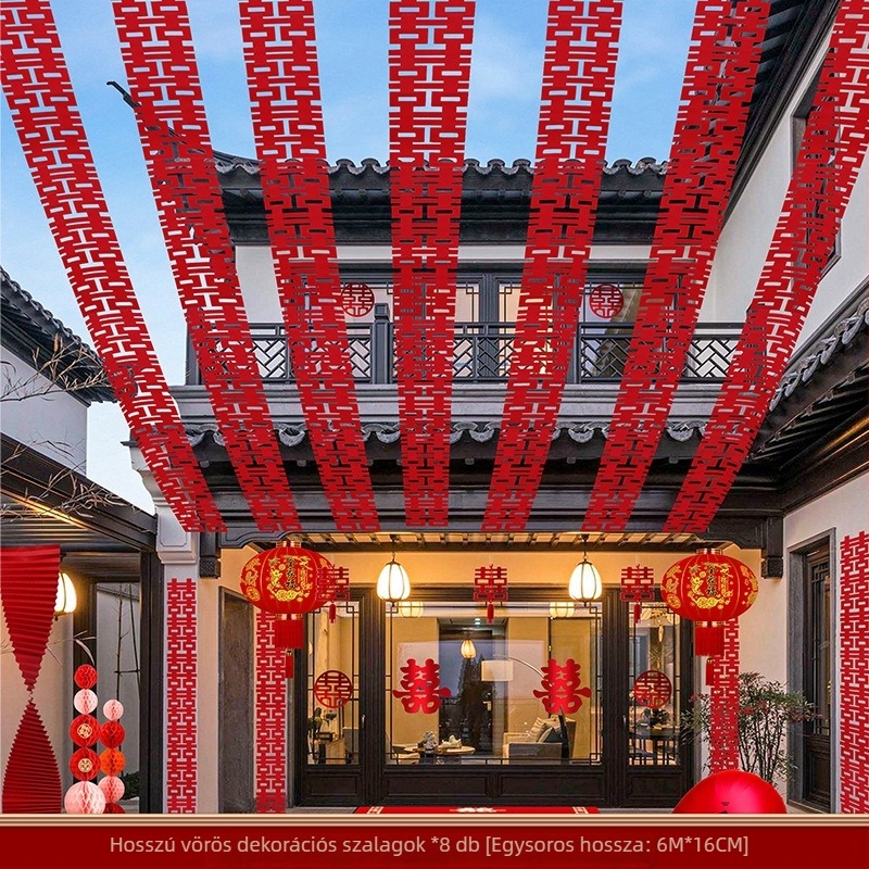 Esküvői helyszín dekoráció – hosszú szalag nem szőtt anyagból, felirattal 'Double Happiness', Gong Huang